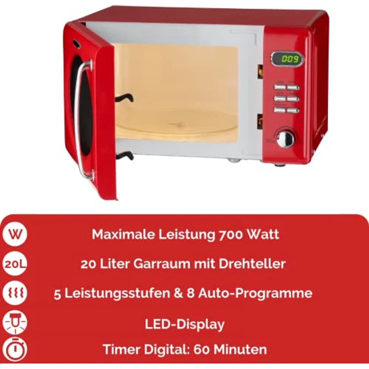 Wolkenstein MW720 FRW RETRO Mikrowelle, Standgerät, 700 Watt, 20 Liter Garraum, rot – Bild 2