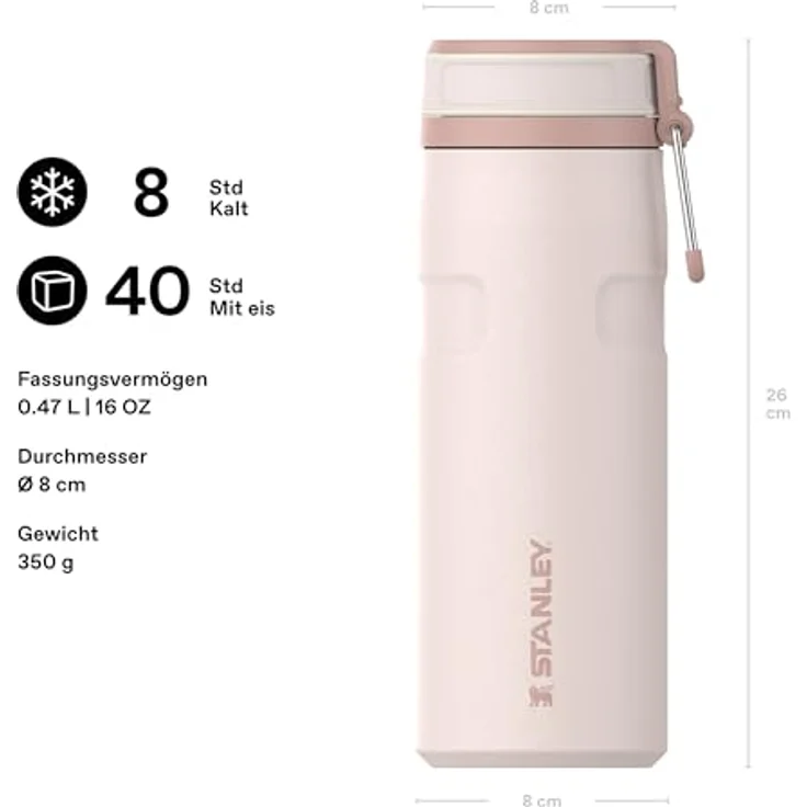 STANLEY IceFlowBottle Twist Flip 0.47L - Kühlt 3 Tage, Auslaufsicher, Spülmaschinenfest, Recycelter Edelstahl, BPA Frei, Rose Quartz – Bild 2