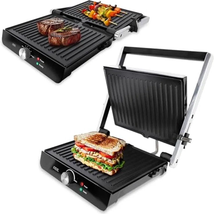 ADE Kontaktgrill 2.000 Watt | antihaftbeschichteter Sandwichmaker 3 in 1 | elektrischer Tischgrill 180° aufklappbar | für Sandwiches, Toast, Steaks, Gemüse, Panini | Edelstahl