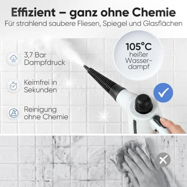 ProfiCare Dampfreiniger Handgerät PC DR 3145, 3,7 bar, 105°C, 1050W, mit 5m Kabel & 9-teiligem Zubehör, desinfiziert, entfettet, für Auto, Küche, Bad, Polster – Bild 4