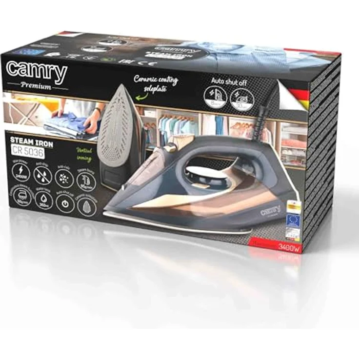 Camry Steam Iron CR 5036 3400 W Water tank capacity 360 ml Continuous steam 50 g/min Black/Gold – Bild 6