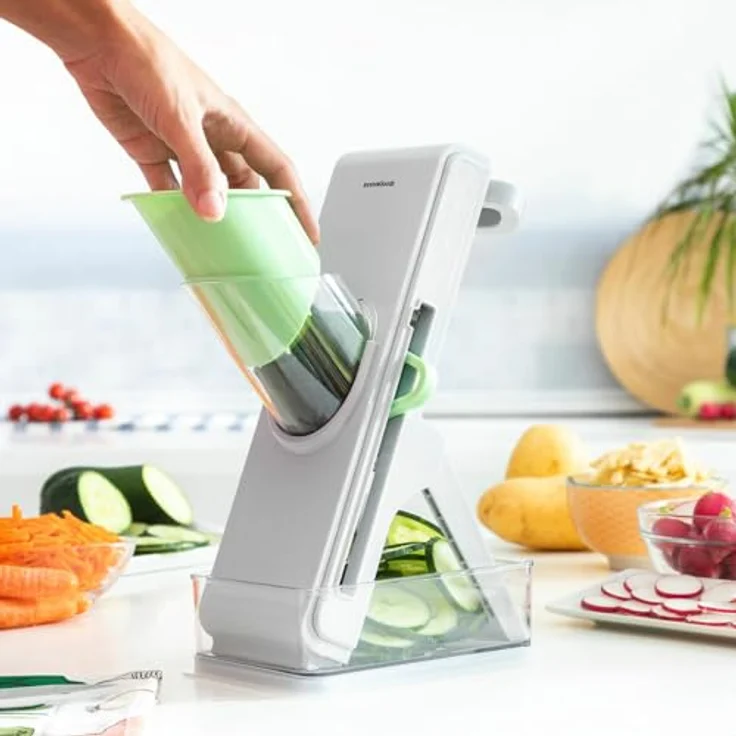 InnovaGoods® Küchen-Mandoline, klappbare Mandoline-Gemüseschneider 5 in 1, Slichen, manueller Zerkleinerer, Cutter-Mandoline-Reibe, transparent  – Bild 2