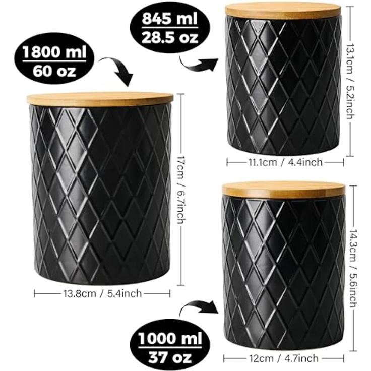 MIAMIO Palmanova Kollektion Set von 3 Vorratsdosen, Keramik mit luftdichtem Bambusdeckel, 845ml, 1100ml und 1800ml, Schwarz – Bild 5
