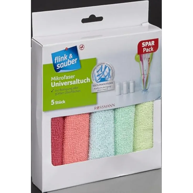 flink & sauber Mikrofaser Universaltuch Spar Pack, 5 Stück, zur streifenfreien Reinigung aller glatten Oberflächen, 100% Mikrofaser, ohne Chemie, saugstark und strapazierfähig