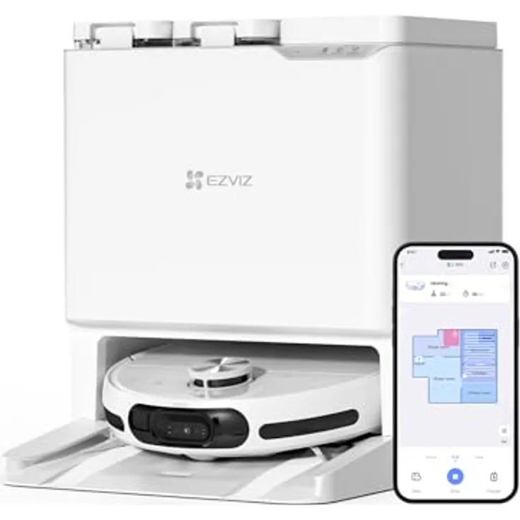 EZVIZ Saugroboter RS20 Pro mit Staubentleerung, Wasserwechsel und 7200 Pa Saugkraft, LDS LiDAR und 3D-Laser Navigation, Teppicherkennung, automatische Moppinstallation, weiß