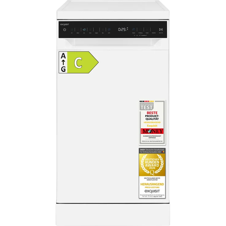 Exquisit GSP9311-450C Geschirrspüler, 11 Maßgedecke, Energieklasse C, 7 Spülprogramme, Aquastop, Besteckschublade, Unterbaufähig, Weiß