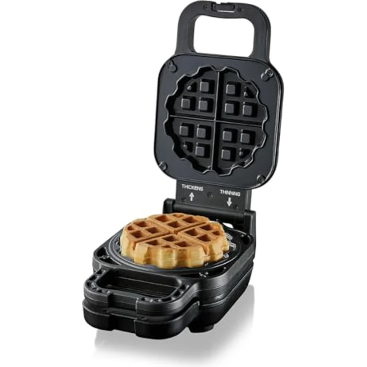 Cloer 6150 Waffelkucheneisen, Waffeleisen für gefüllte Waffeln, Mini Waffeln 11,5 cm Ø oder mit Abstandsring für XXL Füllungen, Antihaftbeschichtung, 800 W, schwarz – Bild 1