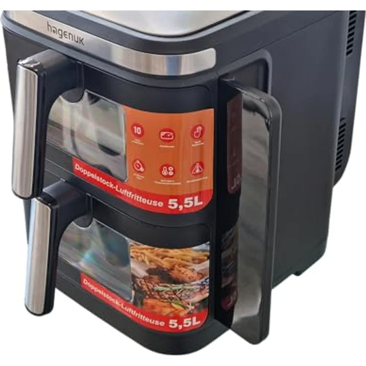 Hagenuk DUAL ZONE Heißluftfritteuse, 12 Liter, 2800 W, Digitales Farbdisplay, 10 Programme, Sichtfenster, Synchronisierungsfunktion – Bild 7