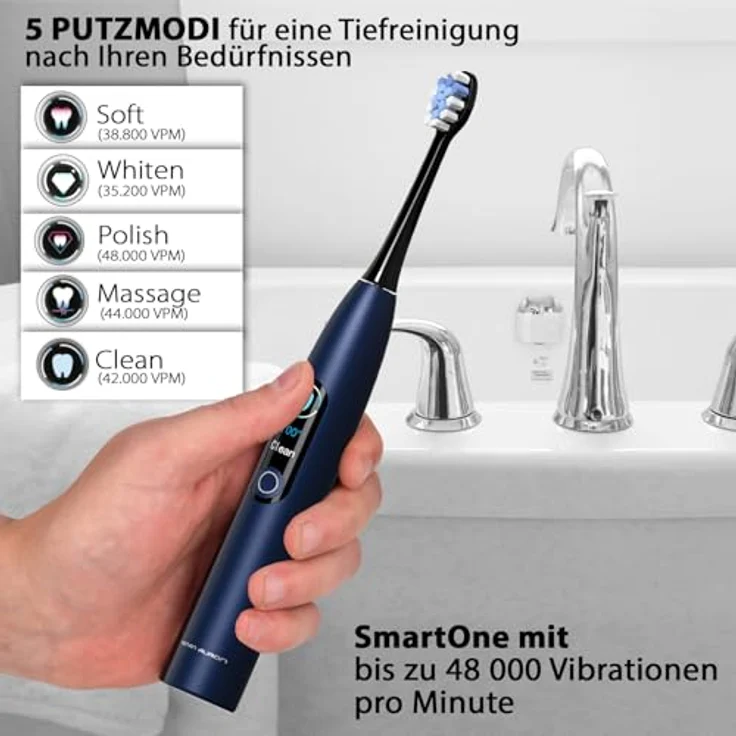 Tristan Auron Smart One Elektrische Schallzahnbürste – 48.000 Schwingungen, 5 Modi, Farbdisplay, USB-C, 6-8 Wochen Akku, IPX7 wasserdicht + 2 Aufsätze mit Schutzhülle SmartOne (Blau) – Bild 2