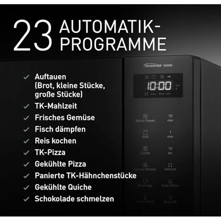 Panasonic NN-GT65QBEPG Mikrowelle Schwarz 1000W mit Grillfunktion, digitalem Timer, 23 Automatikprogrammen, LCD-Display – Bild 6