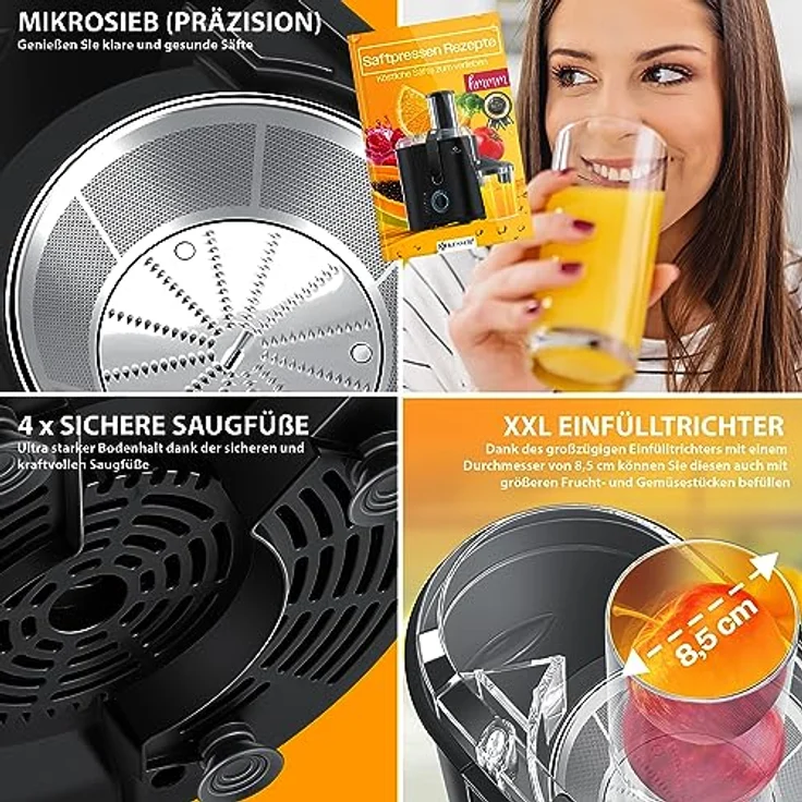 KESSER Entsafter für Obst und Gemüse, aus Edelstahl, 1100W, große 85 mm Einfüllöffnung, inkl. Reinigungsbürste und Saftbehälter, 3 Geschwindigkeitsstufen, Saftpresse Juicer, schwarz – Bild 4