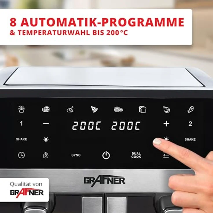 Grafner XXL Digitale Heißluftfritteuse 2 Kammern, 9 L, 2400 Watt, Edelstahl, Touchscreen, 8 Programme, Sync- und Dual-Funktion, Shake-Reminder, inkl. 100x Backpapier – Bild 4