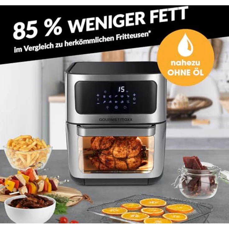 GOURMETmaxx Digitale XXL Heißluftfritteuse 12 Liter - Ofen, Grill und Fritteuse mit Sichtfenster | Fettarme und schonende Zubereitung nahezu ohne Öl | 9 Programme, Timerfunktion für punktgenaues Garen – Bild 3
