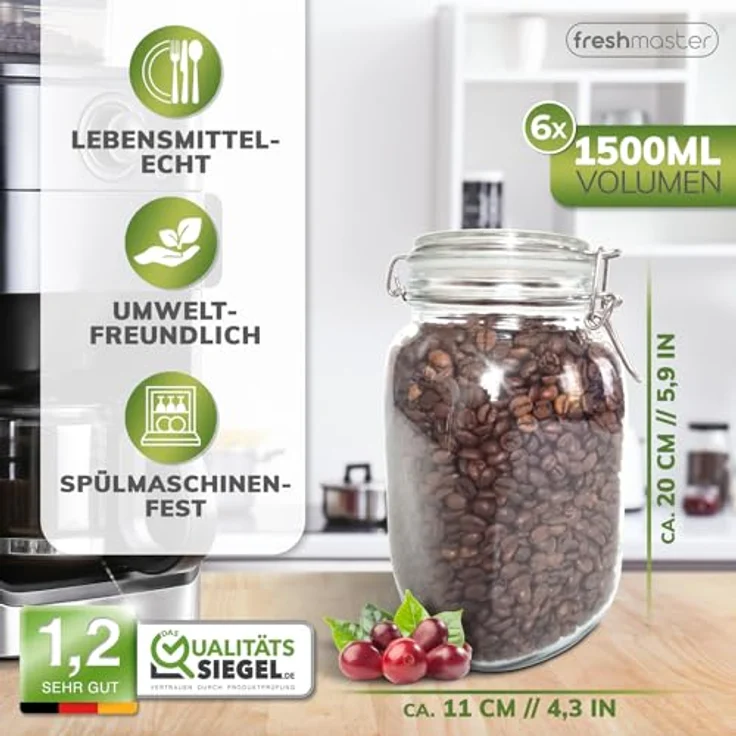 Fresh Master Einmachgläser Set, bruchsicheres Glas mit Edelstahl Bügelverschluss und Spezialdichtung, 6 x 1500ml – Bild 3