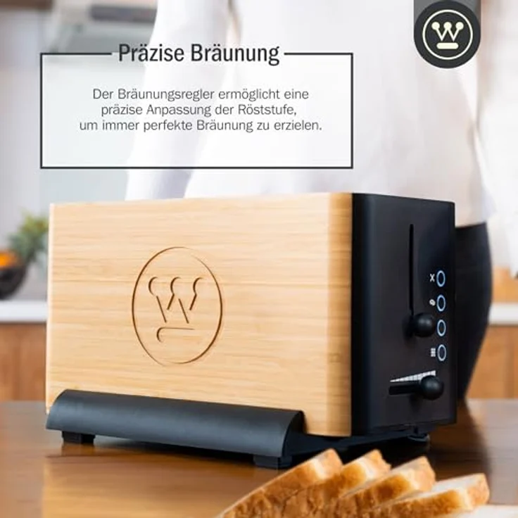 Westinghouse Bambus Toaster 2 Scheiben mit Brötchenaufsatz, 6 Bräunungsstufen, Krümelschublade, 1400 Watt, Bambus-Design. – Bild 4