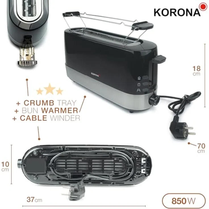 Korona 21305 Toaster 2 Scheiben | Langschlitz | stufenlos einstellbarer Röstgrad | Auftauen | Aufwärmen | 850 Watt | Brötchenaufsatz | Schwarz – Bild 5