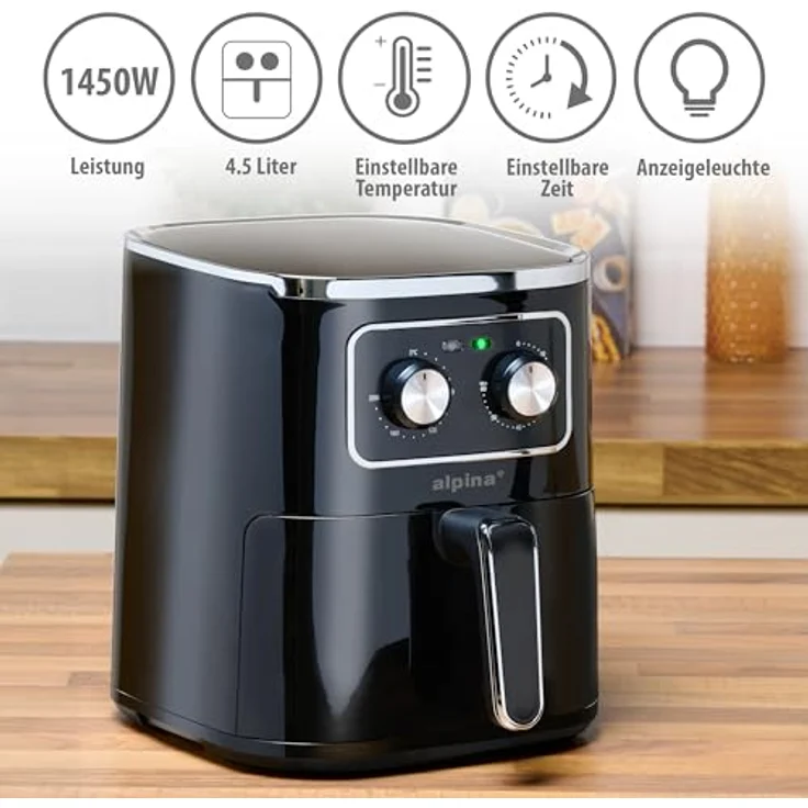 Alpina Heißluftfritteuse 4.5L - Airfryer für 3 bis 4 Personen - Einstellbare Temperatur von 80°C bis 200°C - Timer bis zu 60 Minuten - 1450W - Schwarz – Bild 4