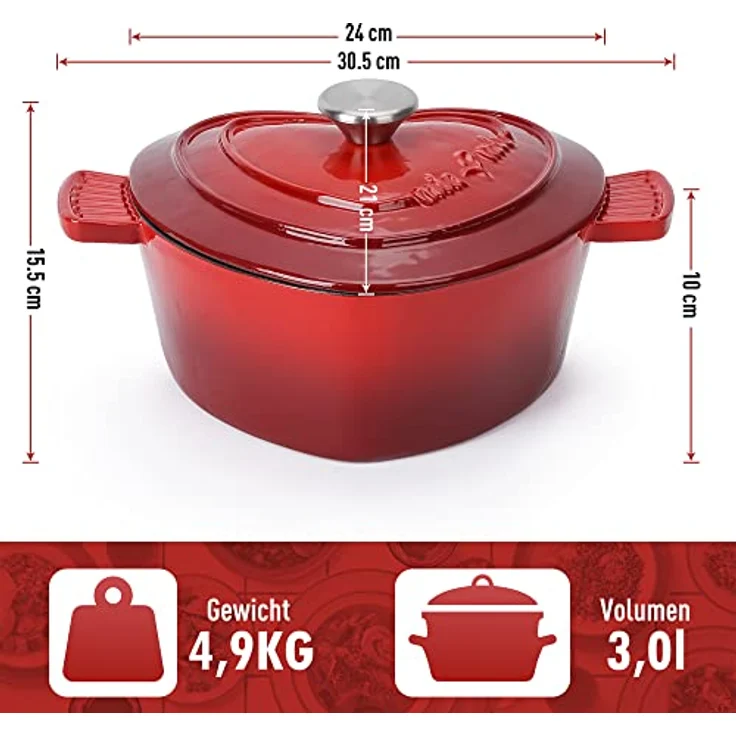 MIAMIO Emaille Gusseisen Topf in Herzform, 3 Liter, 24 cm, geeignet für alle Herdarten inkl. Induktion, ideales Geschenk zu Weihnachten – Bild 4