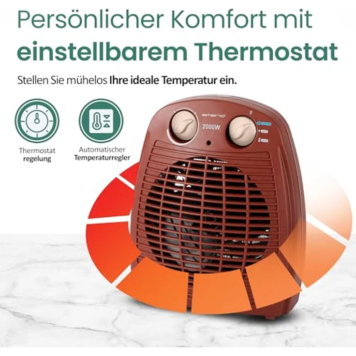 Emerio Heizlüfter FH-106737.13, 2000W für bis zu 25 m², 2 Heizstufen, Ventilationsfunktion, einstellbarer Thermostat, Kippschutz, Rot – Bild 3
