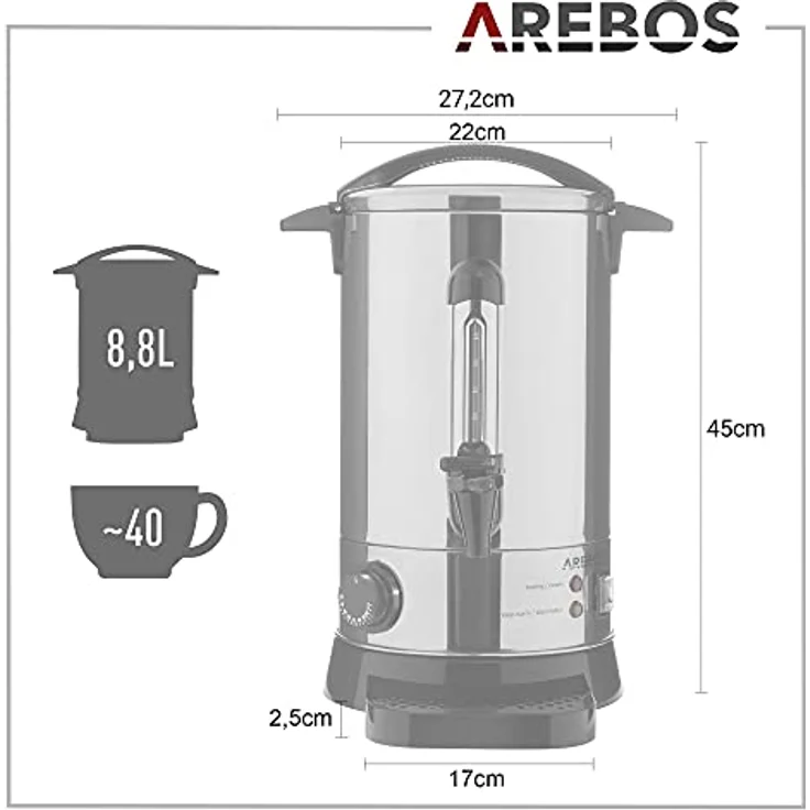 Arebos Glühweinkocher AR-HE-GKE88L, Einkoch- und Heißgetränkeautomat 8,8 L, Temperatureinstellung 30-110°C, Überhitzungsschutz, Edelstahl, 950 W – Bild 7