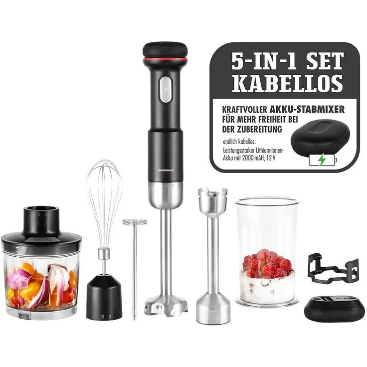 Gastroback Handmixer 40982 Design Stabmixer-Set 5 in 1 kabellos, Kraftvoller Akku-Stabmixer mit Topfschutz, silber