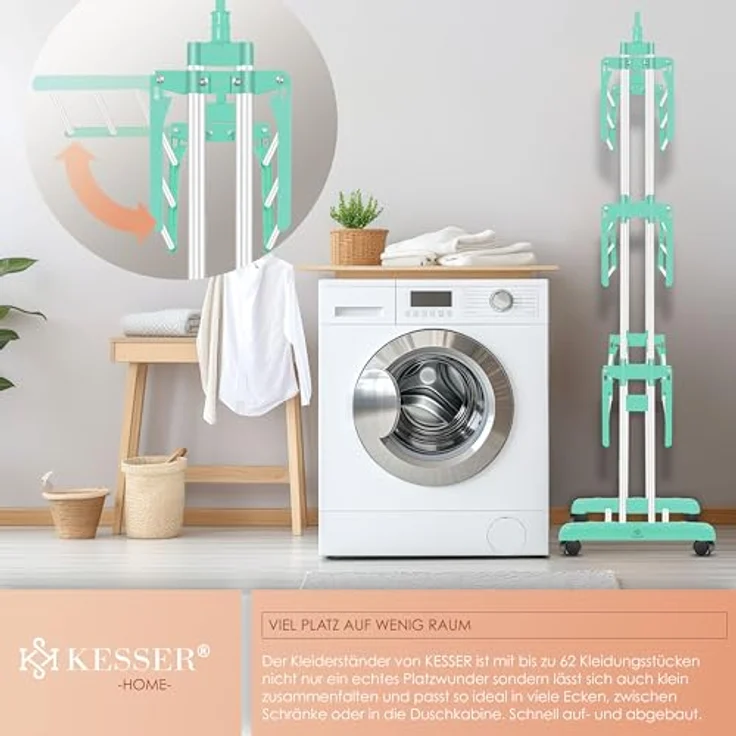 KESSER® Wäscheständer-Turm mit Rädern Platzsparender Wäschetrockner für Innen & Außen 4-Etagen 2 drehbare Seitenflügel und 6 klappbare Ebenen Standtrockner Wäscheturm Zusammenklappbar Weiß/Mint Grün – Bild 5