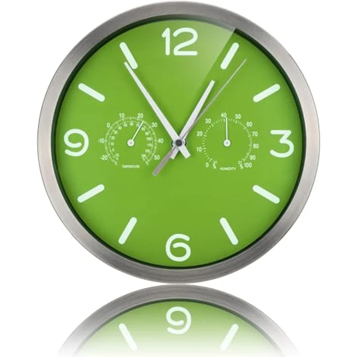 Bresser MyTime ND Funkuhr Wanduhr mit Thermo-Hygro Anzeige, geräuschlosem Uhrwerk, Edelstahlrahmen, grün, 250x250mm – Bild 2