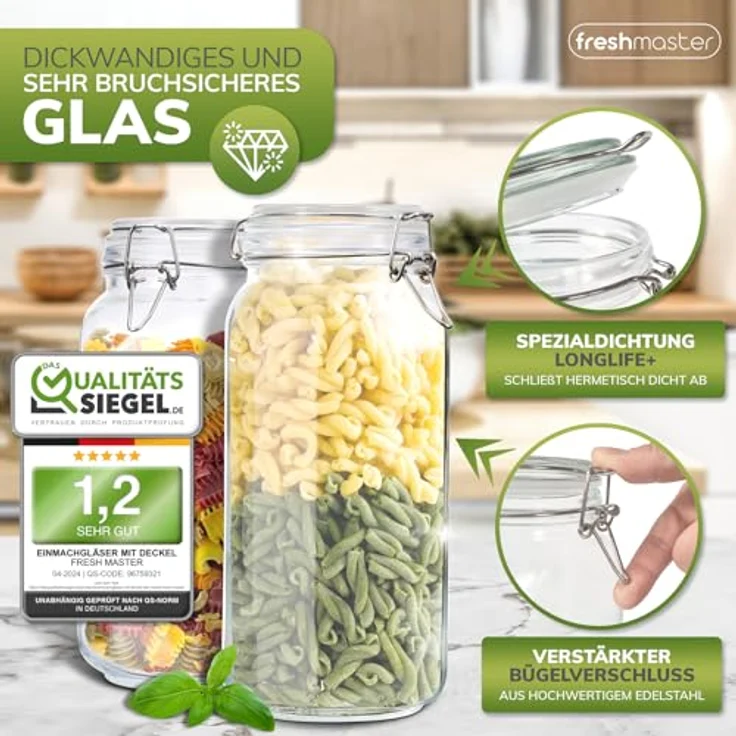 Fresh Master Einmachgläser mit Deckel - Set aus bruchsicherem Glas, Spezialdichtung und Edelstahl Bügelverschluss - Marmeladengläser Gläser Set, 3 x 2500ml – Bild 4