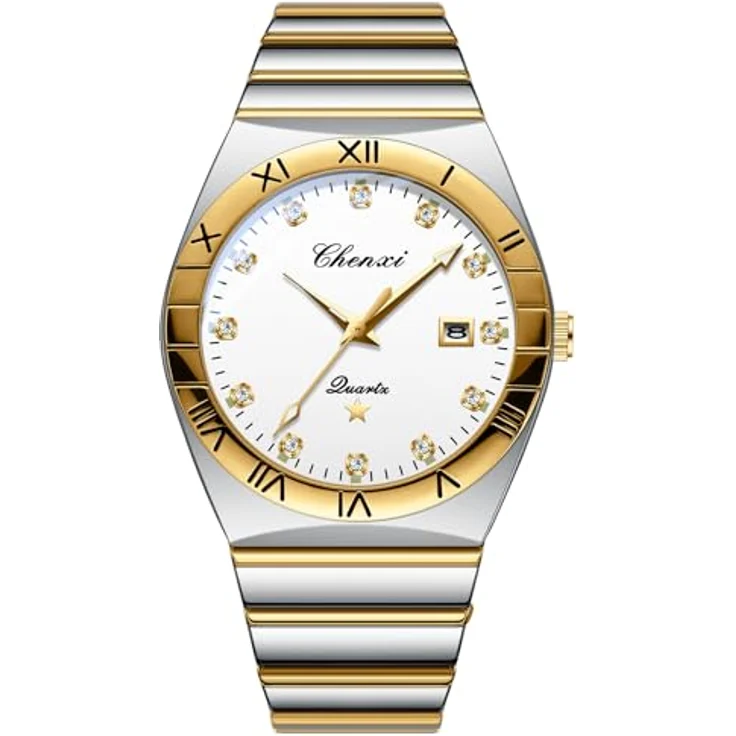 JewelryWe Herrenuhr Edelstahl, 30m wasserdichte Armbanduhr mit Kalender, analogem Quarzwerk, römischen Ziffern und Strassskala, Gold/Silber Edelstahlarmband, weißes Zifferblatt – Bild 1