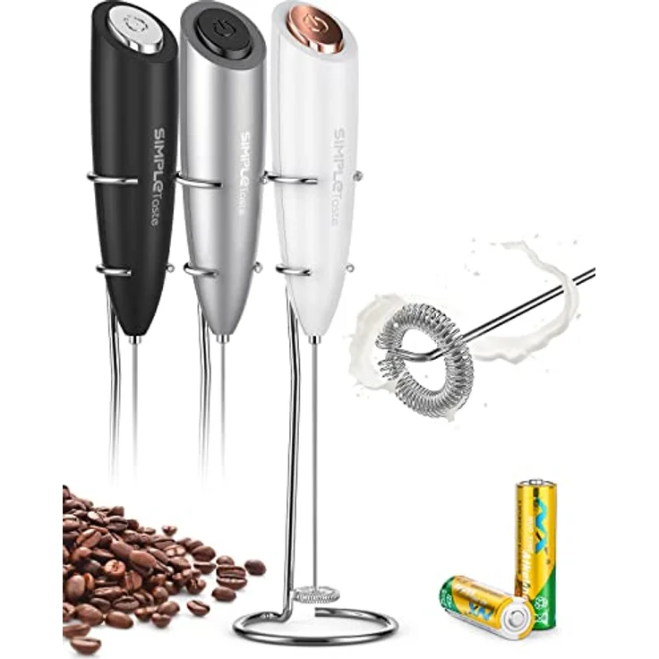 SIMPLETASTE Milchaufschäumer Handheld, Elektrischer Schaumbereiter aus Edelstahl mit Ständer, batteriebetrieben für Cappuccino, Latte und mehr – Bild 1