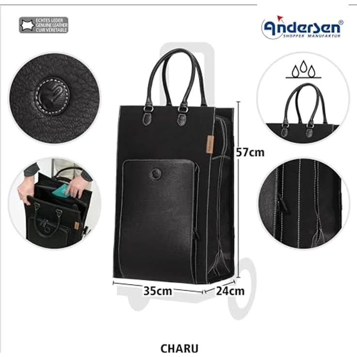 ANDERSEN Quattro Shopper Charu, Einkaufstrolley schwarz, 49 L, höhenverstellbar, abnehmbares Fahrgestell, leise Flüsterräder, multifunktional – Bild 3