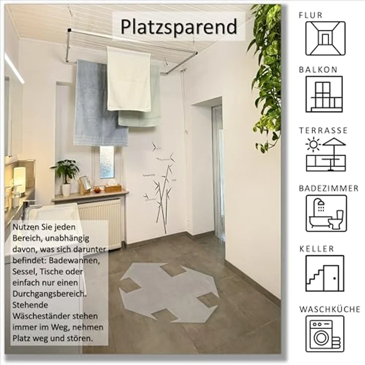 DRY-SMART Flex UP Deckenwäschetrockner – ausziehbarer Deckentrockner, rostfreies Aluminium, platzsparend, Deckenbefestigung 100-160 cm, für Badewanne und Balkon, inklusive Montageanleitung – Bild 5