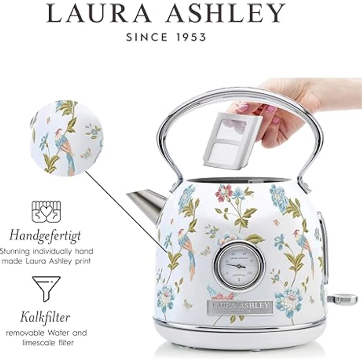 VQ Laura Ashley Elveden Weiß, Kabelloser Edelstahl-Wasserkocher 1,7 Liter mit 2,2 kW Schnellkochtechnologie, Überhitzungsschutz und Temperaturanzeige – Bild 4