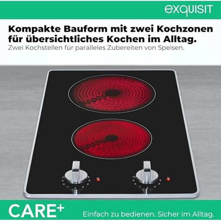 Exquisit Glaskeramik-Kochfeld EKC300-RK-420Care, 2 Kochstellen mit Drehknopf Bedienung, Restwärmeanzeige, 11 Leistungsstufen, Schwarz – Bild 4