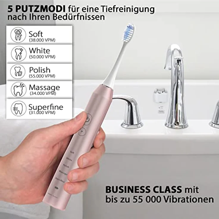 Tristan Auron Schallzahnbürste Business Class Doppelpack 55000 VPM + UV Case - 60 Tage Akku - 5 Putzmodi - Wasserdicht - Ladegerät für elektrische Zahnbürste (pink/blau) – Bild 4
