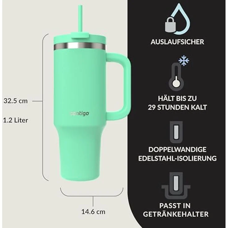 Contigo Streeterville Thermosflasche 1200 ml, isolierte Edelstahl-Trinkflasche mit Henkel und Strohhalm, hält Getränke bis zu 29 Stunden kalt, BPA-frei, spülmaschinenfest – Bild 2
