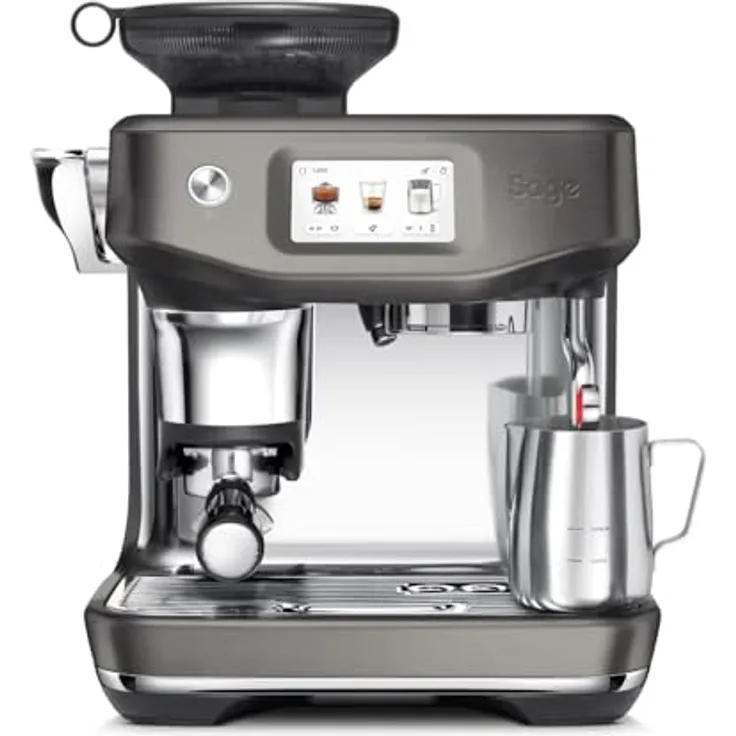 Sage The Barista Touch Impress, Kaffeemaschine mit automatischer Milchaufschäumung, integriertem Mahlwerk, Cold Brew-Funktion und assistiertem Tampern, schwarzer Edelstahl