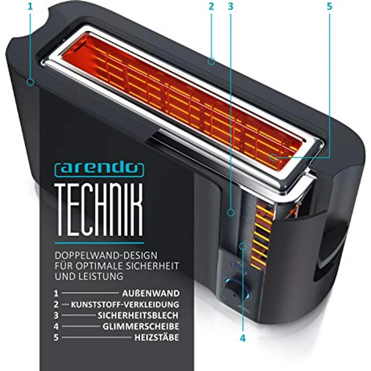 Arendo Toaster Langschlitz 2 Scheiben - Defrost Funktion - 1000 W - Doppelwandgehäuse - Bräunungsgrade 1-6 - Display mit Restzeitanzeige - Edelstahl schwarz matt – Bild 2