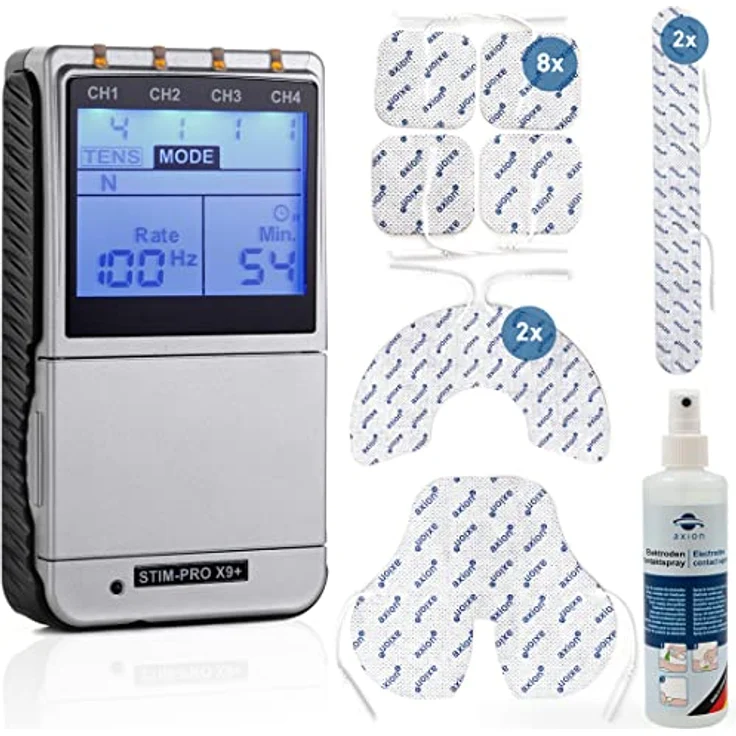 Axion STIM-PRO X9+ TENS-EMS-Gerät, 4 Kanal Schmerztherapie, Muskelaufbau, Massage, Beckenbodentraining, inkl. 37 Programme, Spar-Set – Bild 1