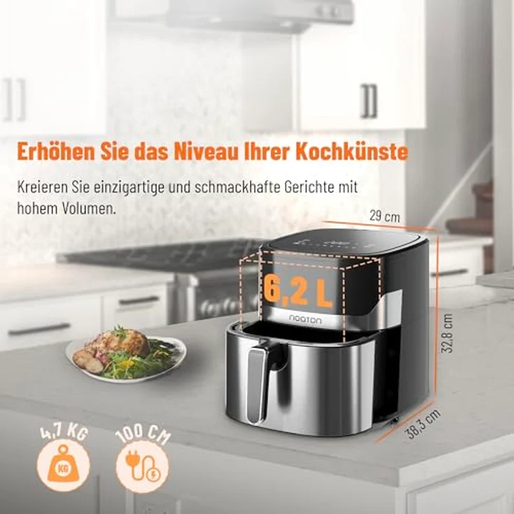 Noaton Heißluftfritteuse 6,2 L, Air Fryer mit Digitalem Touchscreen, 8 Programme, 1600 W, Ohne Öl, Temperaturwahl von 80 bis 200 °C, Inklusive Kochbuch und Küchenzange, Kompakt, Silber – Bild 2