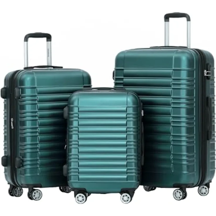 BEIBYE Hartschalen Koffer Trolley Kofferset, 3-teilig (Dunkelgrün) mit Zwillingsrollen, integriertes Zahlenschloss und erweiterbarem Stauraum
