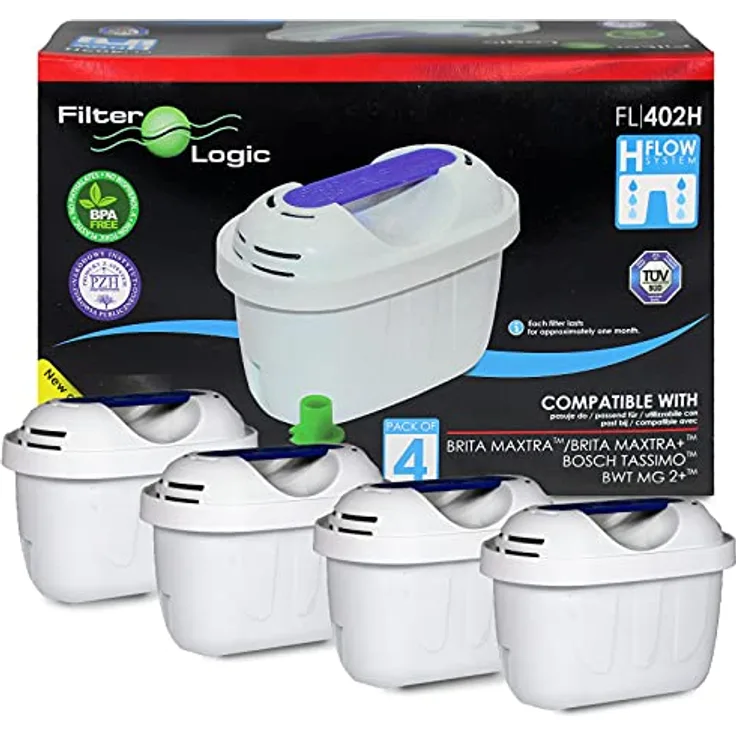 FilterLogic FL402H | 4er Pack - Wasserfilter kompatibel mit Brita Maxtra+ Plus Filterkartuschen für Marella Style Flow Aluna Elemaris XL cool Tischwasserfilter & TASSIMO Kaffeeautomat Kartuschen