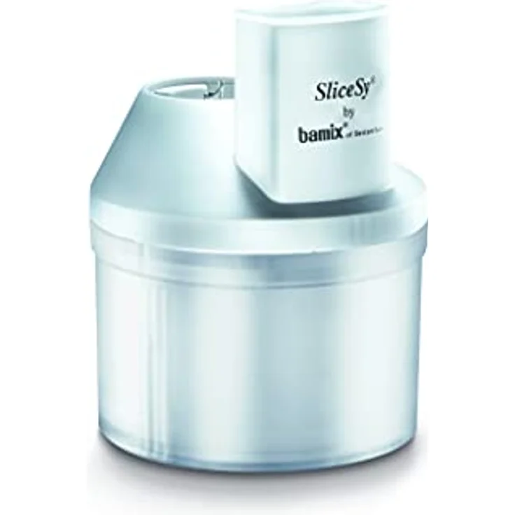 bamix Zubehör SliceSy für alle bamix Stabmixer ab 180 Watt, inkl. 5 Scheiben, Küchenmaschine multifunktional zum Schneiden, Mahlen, Hacken, Weiß – Bild 1