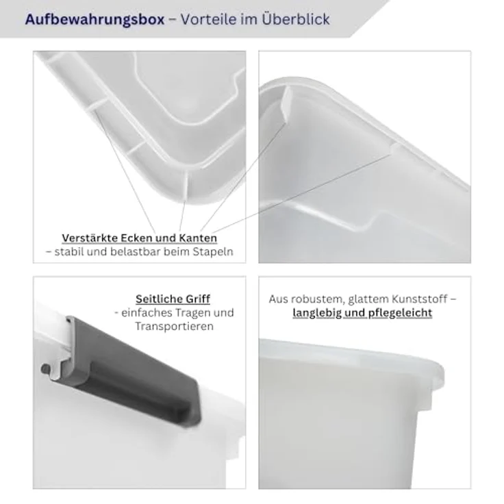 PROREGAL Aufbewahrungsbox 30L, transparentes Kunststoff-Set mit Deckel und Verschlussclips, stapelbar, 4er Set für Küche, Büro, Keller – Bild 4