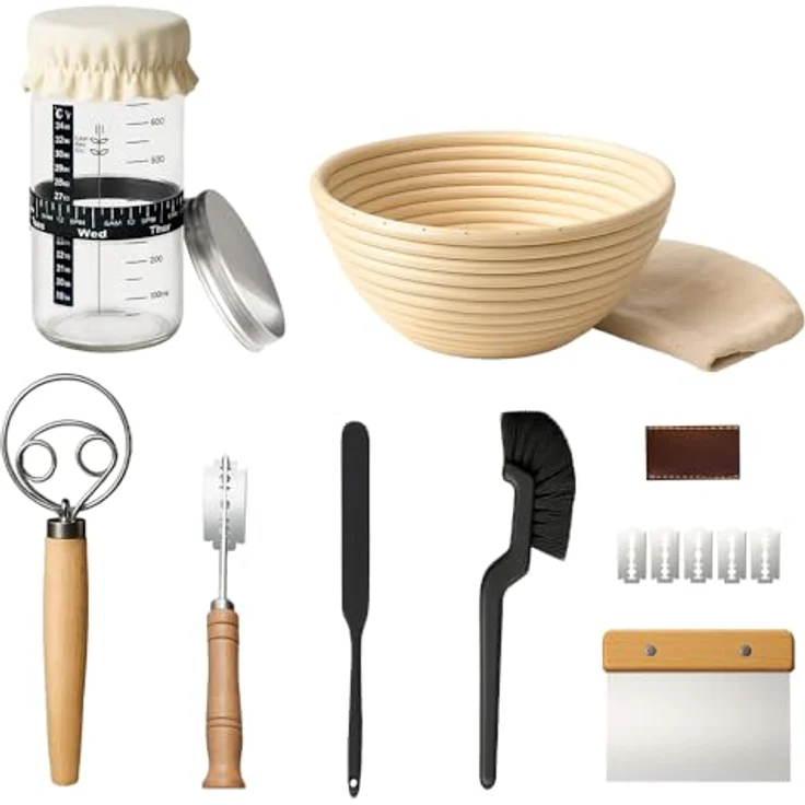 MikaMax Sauerteig Starter Set 10-teilig, Gärkorb Brot Set rund mit Teigbesen und Einschneideklinge, Einsteiger Set für Anfänger & Hobbybäcker – Bild 2