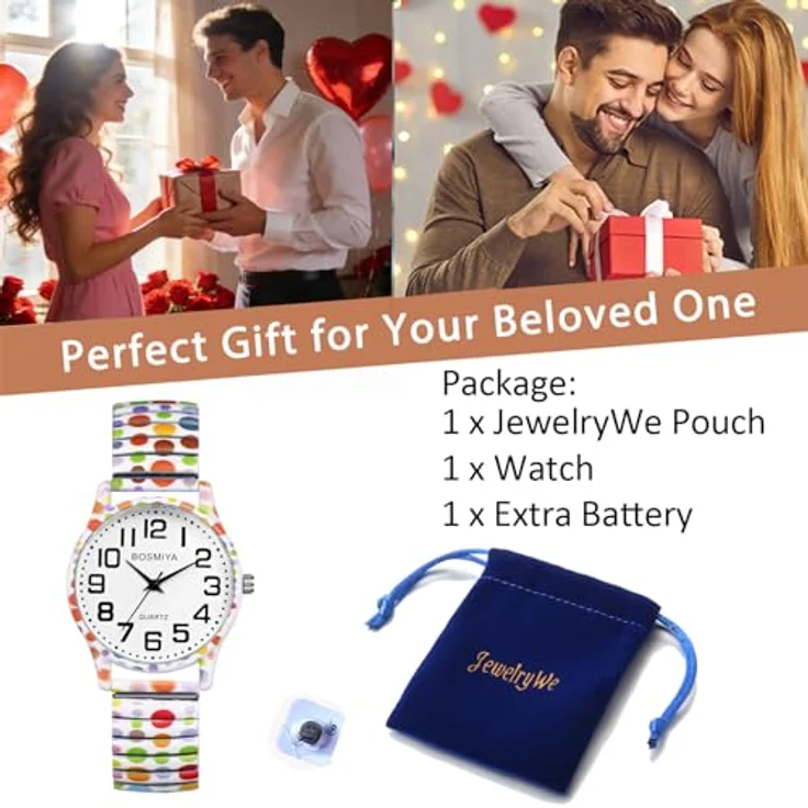 JewelryWe Damenuhr Boho Elastische Uhr, Analog Quarz mit bunten Polka Dots, Edelstahl Zugarmband, große Zahlen Zifferblatt, 10M wasserdicht – Bild 3
