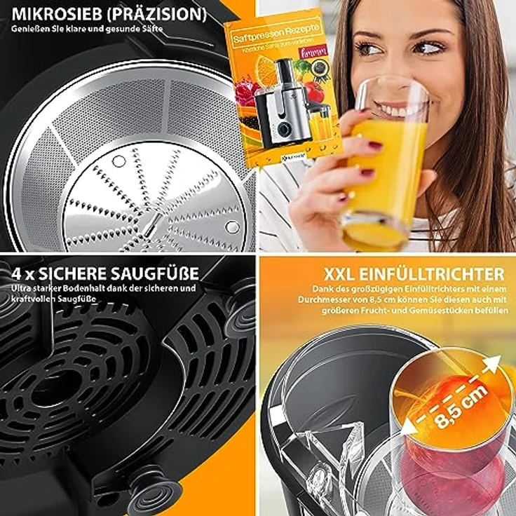 KESSER S030M0384A1P2 Entsafter für Obst und Gemüse, 1100W, große 85 mm Einfüllöffnung, inkl. Reinigungsbürste und Saftbehälter, 3 Geschwindigkeitsstufen, aus Edelstahl, silber – Bild 4