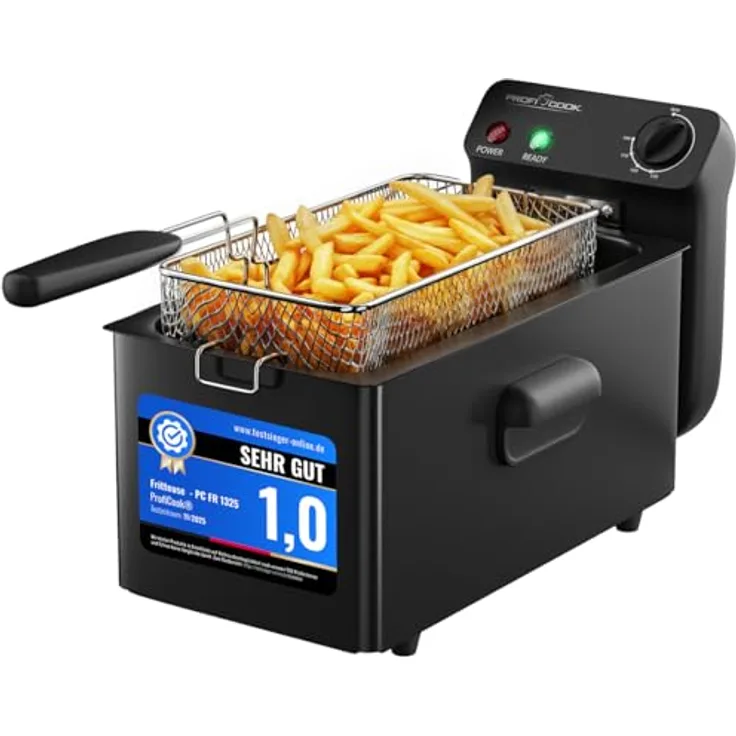ProfiCook® PC FR 1325, Kaltzonen-Fritteuse mit 2000W, 3L Kapazität, temperaturregulierbar von 130-190°C, spülmaschinengeeignete Teile, Spritzschutz-Deckel