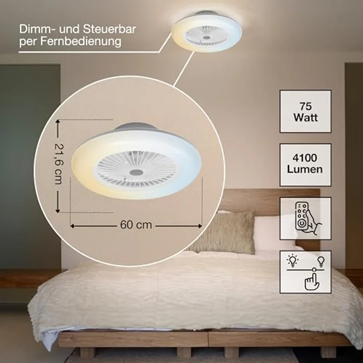 Osram WiFi Deckenventilator mit LED Lampe, dimmbar, 3000 Lumen, Lichtfarbe warmweiß bis tageslichtweiß, App-Steuerung & Fernbedienung, weiß – Bild 2