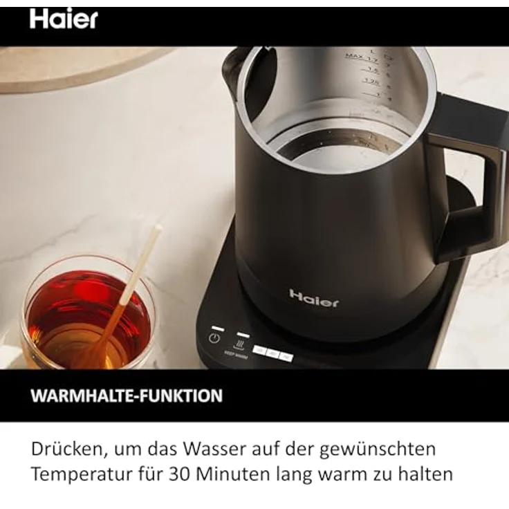 Haier Wasserkocher mit Temperatureinstellung aus Edelstahl 1,7 Liter I Energiesparender Kettle mit 7 Temperaturstufen, Warmhaltefunktion & 0,25L Einzeltassenfunktion I 2200W [Serie 5 - HKE5A] – Bild 5
